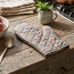 May include: Gray quilted oven mitt with a floral pattern in pink, yellow, and white. The mitt is on a wooden surface, next to a spoon, a bowl of peaches, and a mug with mint.