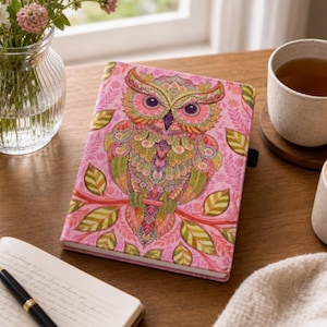 Tula Pink Hootie Owl Journal Cover Handmade Notebook Fabric Quilted Book Protector Pen Loop Card Pocket Organizer Men Gift Writer Desk