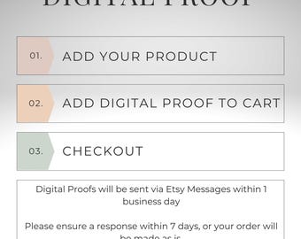 May include: A graphic with the text "DIGITAL PROOF" at the top. Below are three steps: "ADD YOUR PRODUCT", "ADD DIGITAL PROOF TO CART", and "CHECKOUT". Additional text explains digital proof delivery and response time.