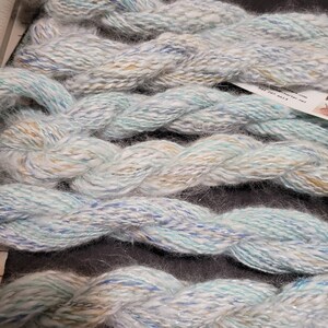 May include: Close-up of a skein of yarn with a white, blue, and gold color scheme. The yarn has a fuzzy texture and a subtle shimmer.