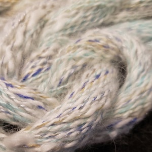 May include: White yarn with blue, green, and gold accents. The yarn is soft and fluffy, and it has a subtle shimmer.