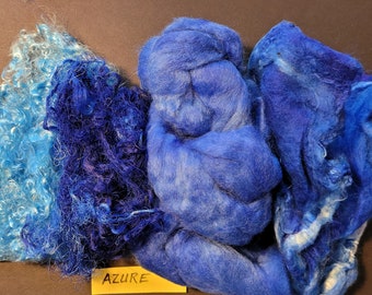 Art Yarn or felting spinning fiber combo pack Baby Alpaca Silk Hankies Kid Mohair and Silk Throwster AZURE