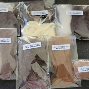 Fiber sampler 12 pk Vicuña, Yak, Qiviut, Cashmere, French Angora, Buffalo, Mink, Suri & Royal Alpaca, Merino, Guanaco, Camel, Peduncle, Eri image 3