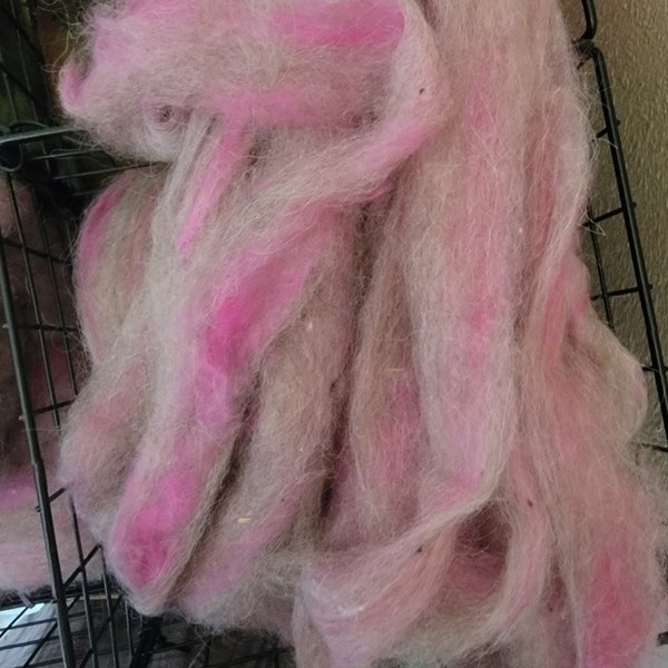 Roving pin drafted Controlled Chaos blend roving very soft fibers silk, alpaca, merino, and viscose 4.0 oz PINKIE