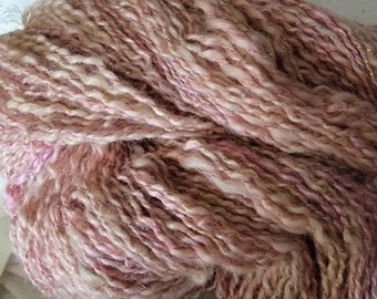 Handspun art yarn llama silk baby camel plied with wool and metallic sparkle threads dk weight 392 yards 5.5 is soft pale pink