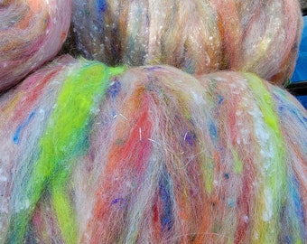 Luxury roving silk  kid mohair, merino, ginned cotton icicle and a blend of cashmere, angora, alpaca, bamboo, flax, wool CANDY SHOP 5 ounces
