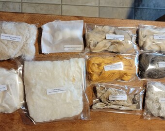 Silk Sampler 10 types eri hankies muga mulberry peduncle tussah rods Throwster noil and cocoons