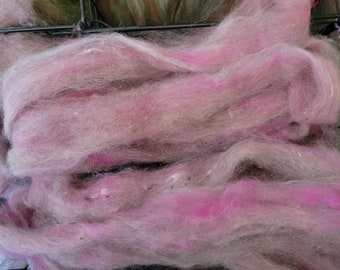 Luxury fibers Controlled Chaos blend roving very soft fibers silk, alpaca, merino, and viscose 3.7 oz PINKIE