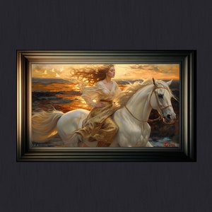 Puede incluir: Una mujer con un vestido blanco fluido monta un caballo blanco a través de una puesta de sol dorada. El caballo corre por el agua y el cabello de la mujer se agita con el viento. Hay pájaros blancos volando en el cielo.
