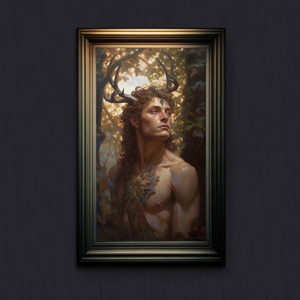 Cernunnos, Celtic Horned God of Wild Animals & the Forest, Male Ultimate Nature Altar Art Original Pagan Painting HQ digital download