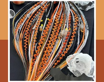 Conjunto mixto de rastas sintéticas de Halloween • Rastas de color naranja calabaza, negro y gris con trenzas