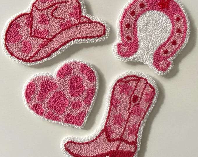 Pink Punch Needle Coaster, Western Cowboy Boot Hat Horseshoe Heart Decor