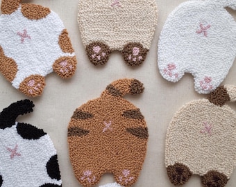 Handmade Cat Butt Punch Needle Coaster, Tufted Mug Rug, Cat Lover Gift