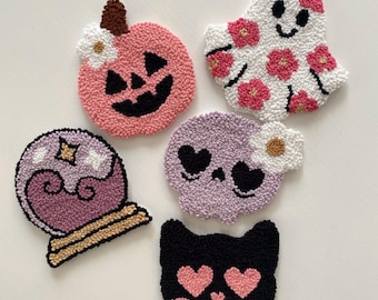 Handmade Pink Halloween Coaster, Spooky Punch Needle Embroidery