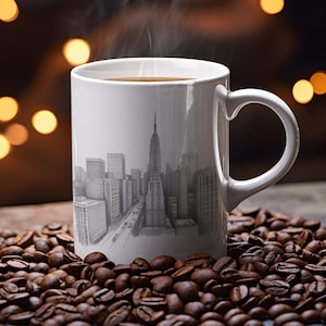 City Skyline Mug, Coffee Mug 11oz - White Ceramic Urban Landscape Cup for Home & Office Use