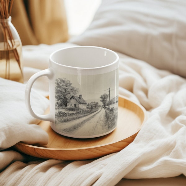 Backroad House - White Mug 11oz - Cozy Country Scene Cup for Coffee & Tea, Rustic Kitchen Decor