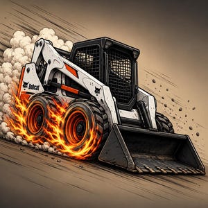 May include: A white and black Bobcat skid-steer loader with orange accents on the wheels, depicted in a dynamic illustration with bright orange flames emanating from the tires and a large cloud of dust trailing behind the heavy construction vehicle.