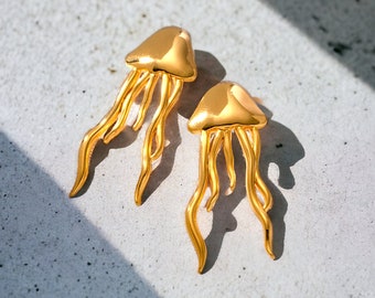 Jellyfish Earrings : Stainless Steel Gold Jellyfish Earrings, Beachy Vibes, Ocean Earrings, Beach Earrings, Summer Jewelry, Cute Earrings