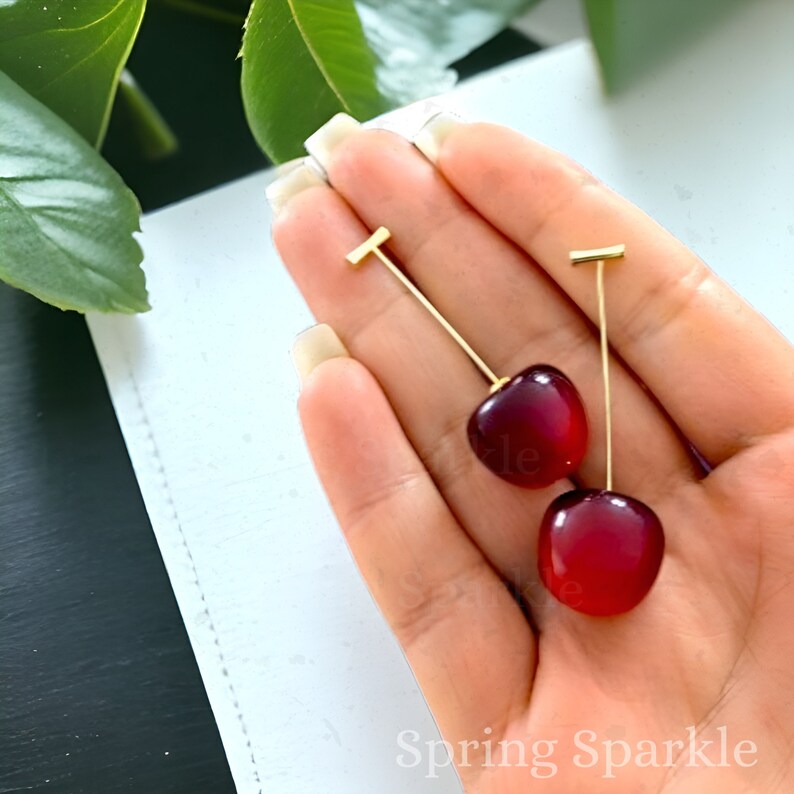 Cherry Earrings: Cherries Earrings, Cherry Drop Earrings, Resin earrings, Cherry Necklace, Fruit Earrings, Food Earrings, Cute Earrings, zdjęcie 2