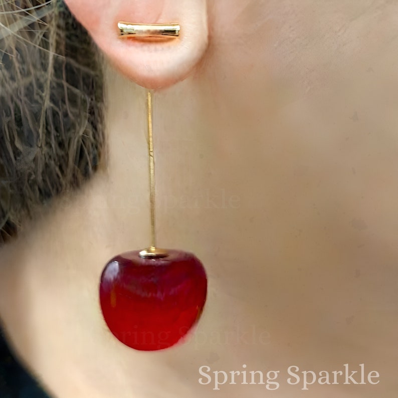 Cherry Earrings: Cherries Earrings, Cherry Drop Earrings, Resin earrings, Cherry Necklace, Fruit Earrings, Food Earrings, Cute Earrings, zdjęcie 3