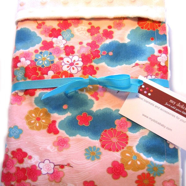 Turquoise Clouds and Cherry Blossoms Minky Baby Blanket