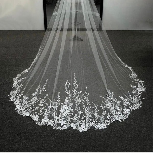 Long Bridal Veils, Floral design, Princess Wedding Veil,  Lace Appliqués, Soft Net Cathedral Veil, Affordable wedding veil
