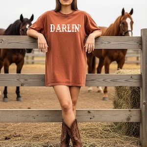 Darlin’ Western Fall T-Shirt • Cowgirl Graphic Tee • Rustic Country Concert Shirt • Pumpkin Patch Outfit • Southern Fall Shirt