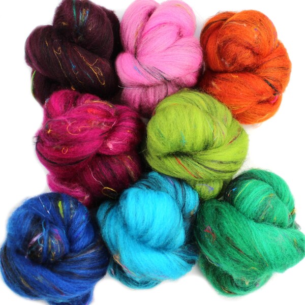 Satellite battlings -- mini batts (2.2 oz.) organic polwarth, bamboo, sari silk, sparkle.