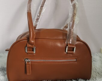 brown leather, metal zip shoulder bag, double pocket, coquette, Y2K, handbag for women