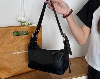 Black leather Mini Shoulder Bag, Minimalistic Handbag, buckle strap Design, Stud Crossbody Bag