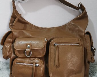 brown leather, metal zip, grunge shoulder bag, multiple pocket, coquette, Y2K, handbag for women