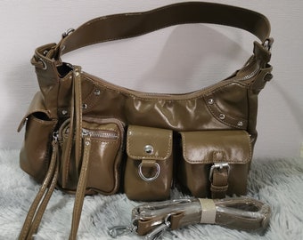 brown leather, metal zip, grunge shoulder bag, multiple pocket, coquette, gothic Y2K, 00s handbag for women