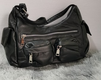 black leather, metal zip, grunge shoulder bag, multiple pocket, coquette, gothic Y2K, 00s handbag for women