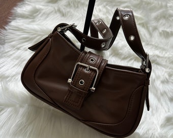 dark coquette brown leather y2k 00s shoulder bag, fairy core buckle Korean 00s handbag