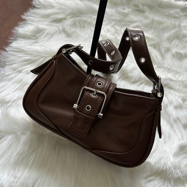 dark coquette brown leather y2k 00s shoulder bag, fairy core buckle Korean 00s handbag