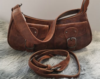 Brown leather Coquette Double metal buckle pocket 00s shoulder bag, grunge fairy, Y2K, 00s emo handbag with debatable strap  for women