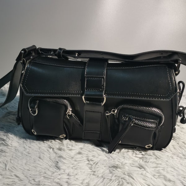 Sac à bandoulière gothique double poche en cuir noir des années 2000, sac à main emo fée grunge des années 2000 pour femme