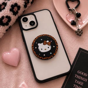 Hello Kitty MagSafe telefongrepp, kawaii födelsedagspresent, leopardfärgat telefonställ, present till henne, magnetiskt Kindle-grepp
