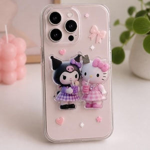Kuromi and Hello Kitty MagSafe phone grip, kawaii magnetic phone stand, birthday gift for her, handmade Kindle Grip, little flaw