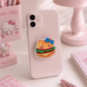 ハローキティのスマホグリップ、かわいい手作りハンバーガーのスマホアクセサリー、彼女への誕生日プレゼント