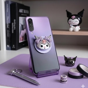 Kuromi MagSafe telefongrepp, magnetiskt telefonställ med kawaii-stenar, födelsedagspresent till henne, Sanrio 3D Kindle-grepp, glittrande berlock