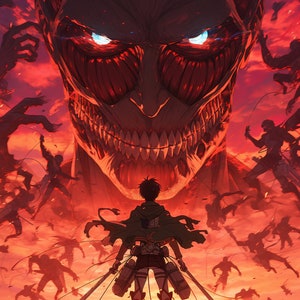 Puede incluir: Ilustración digital de una escena de batalla con un titán gigante que se cierne sobre una figura solitaria con espadas. El fondo es un cielo rojo y naranja llameante, con figuras silueteadas en combate.