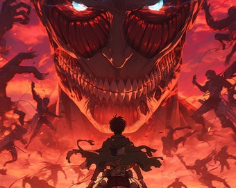 May include: Digital illustration depicting a battle scene with a giant titan looming over a lone figure with swords. The background is a fiery red and orange sky, with silhouetted figures in combat.