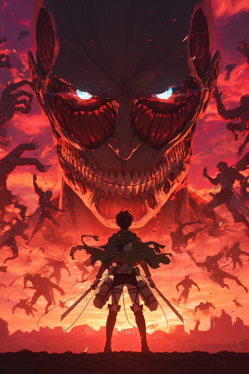 Puede incluir: Ilustraci&oacute;n digital de una escena de batalla con un tit&aacute;n gigante que se cierne sobre una figura solitaria con espadas. El fondo es un cielo rojo y naranja llameante, con figuras silueteadas en combate.