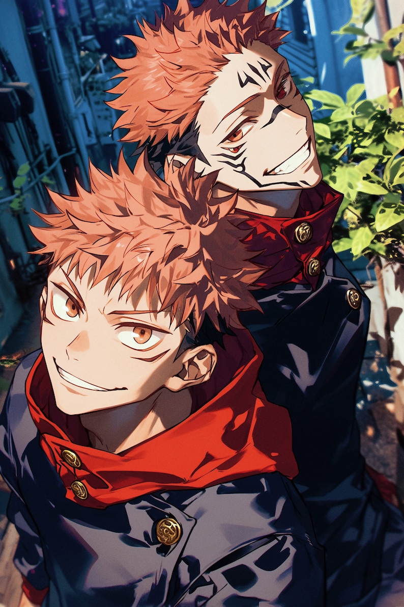 May include: Two anime characters with red hair and black eyes are smiling. They are wearing dark blue jackets with red collars and gold buttons. The character in the back has a black and white design on their face.