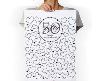 Décorations du 50e anniversaire pour hommes, 50 choses que nous aimons chez vous à imprimer, panneau de connexion signé, 50 affiches de livre d'or, voeux d'anniversaire