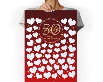 Red 50th Welcome Sign, 50th birthday decorations, 50 things we love about you, 50 reasons