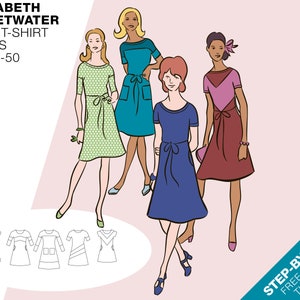 May include: Illustration of four women wearing different styles of dresses. The dresses are all knee-length and have short sleeves. The women are all smiling and looking at the camera. The text "ELIZABETH SWEETWATER EASY T-SHIRT DRESS EU 34-50" is at the top of the image. The text "STEP-BY-STEP FREE ONLINE TUTORIAL" is at the bottom of the image.