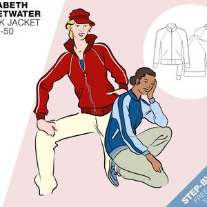 Op de afbeelding: Illustratie van twee personen die trainingsjacks dragen. De persoon links draagt een rood trainingsjack met witte strepen en een witte broek. De persoon rechts draagt een blauw trainingsjack met witte strepen en een beige broek. De tekst "ELIZABETH SWEETWATER TRACK JACKET EU 34-50" staat bovenaan de afbeelding. De tekst "STEP-BY-STEP FREE ONLINE TUTORIAL" staat onderaan de afbeelding.
