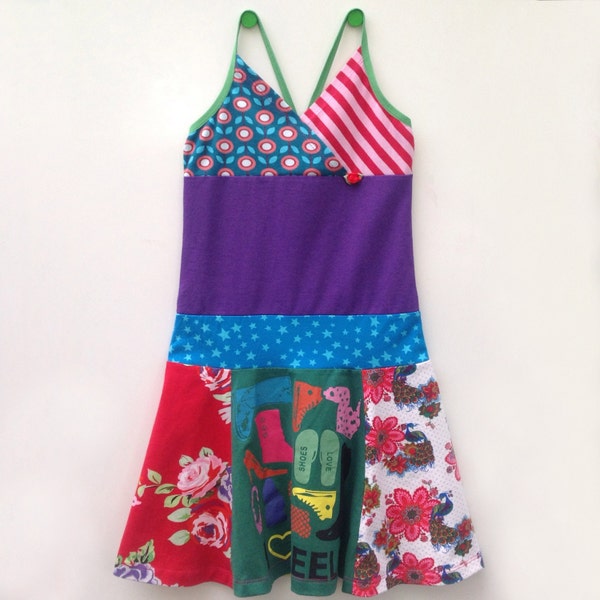 Upcycled girls summer dress size 8 with print I love heels